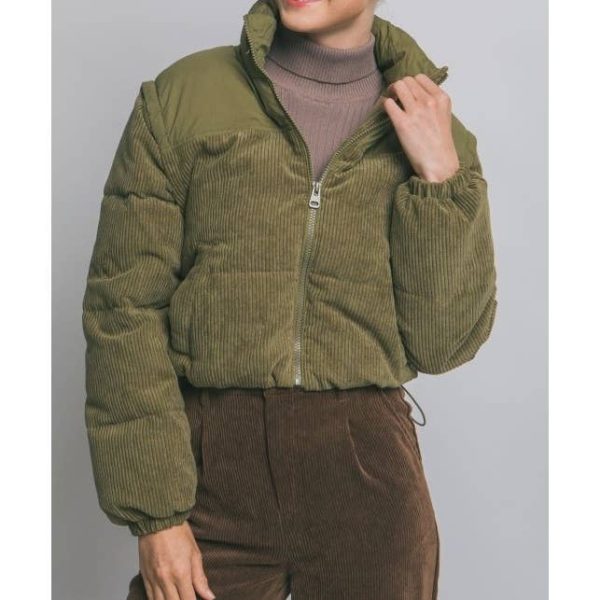 Corduroy Puffer Jacket with Drawstrings
