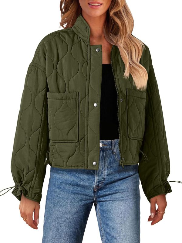 Women Cropped Zip-Up Bomber Jackets Warm Quilted Long Sleeve Stand Neck Winter Coats