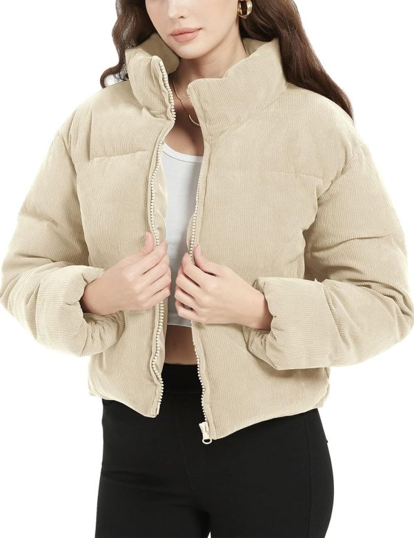 Women Corduroy Puffer Jacket Winter Quilted Coats Lightweight Ribbed Short Down Jackets Outerwear
